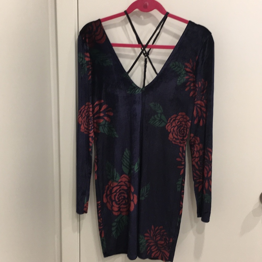Free People Navy Blue Rose Print Velvet Dress